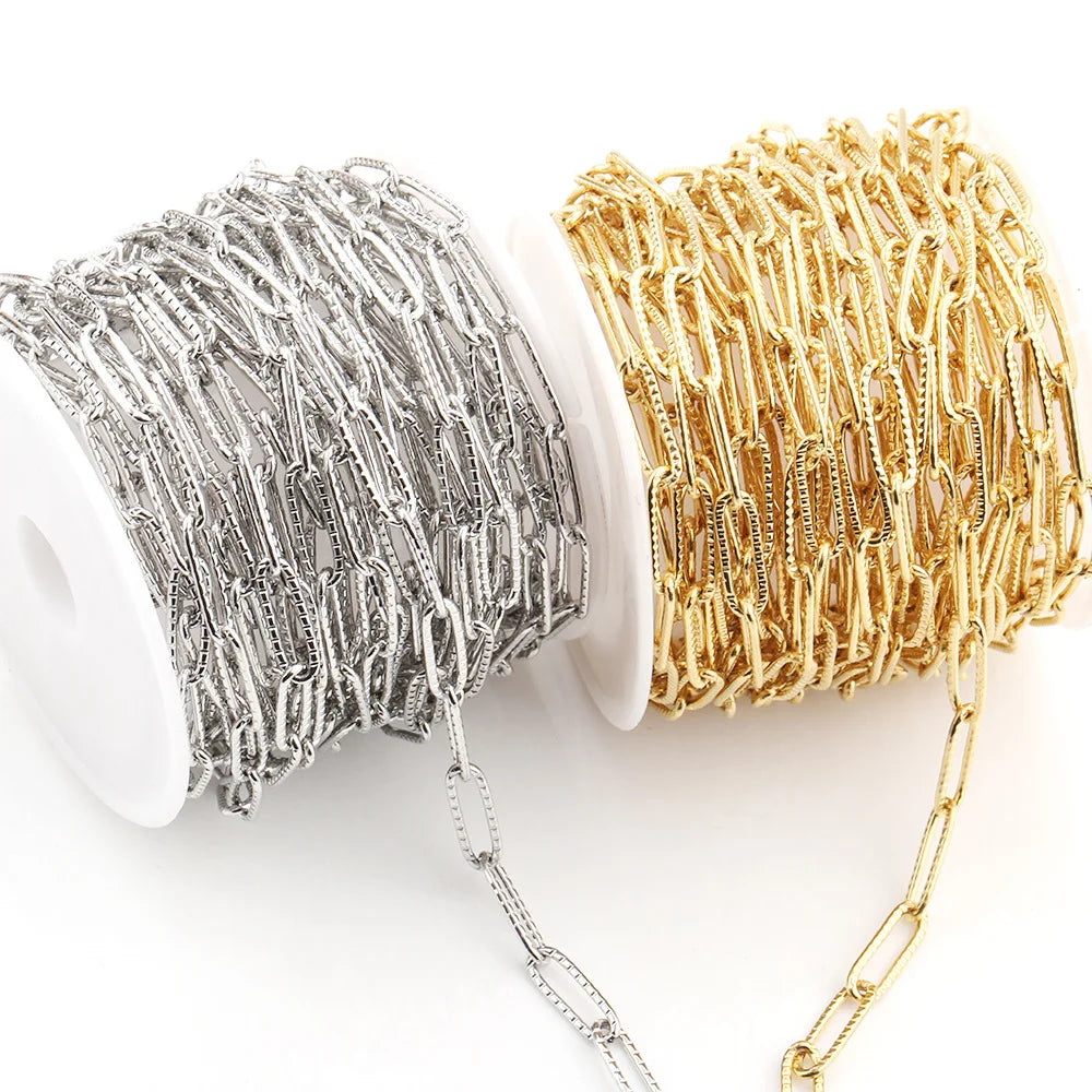 A1283 High Quality 18k Gold Plated Stainless Steel Chain 4mm Paper Clip Chain Bulk for Necklace Bracelet Jewelry Making