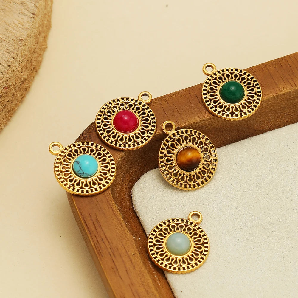 French Retro Stainless Steel 18K Gold Plated Natural Stone Hollow Charm Pendant for Jewelry Earring Necklace Making Accessories