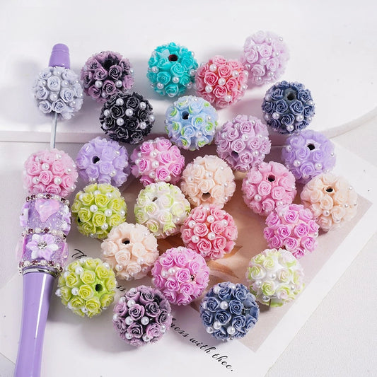 Clay Beads with Rose Flowers & White Pearls for DIY Bracelet Necklace Phone Chain Making