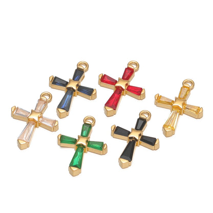 18K Gold Hollow Cross Charm Single-sided Zircon Inlay Geometric Rectangle CZ Pendant Findings Religious Jewelry DIY Necklace