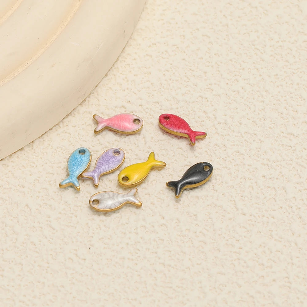 Colorful Enamel DIY  Charm 18k Gold Plated Stainless Steel Fish Charm Pendant for Handmade Necklace Jewelry Making