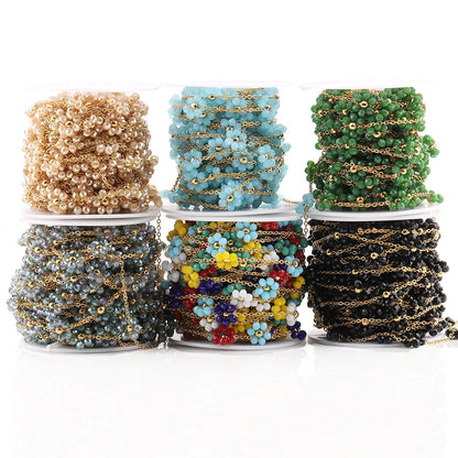 B2403 Stainless Steel Chain Multi Color Flower Chain Crystal Stone Chain Jewelry Making
