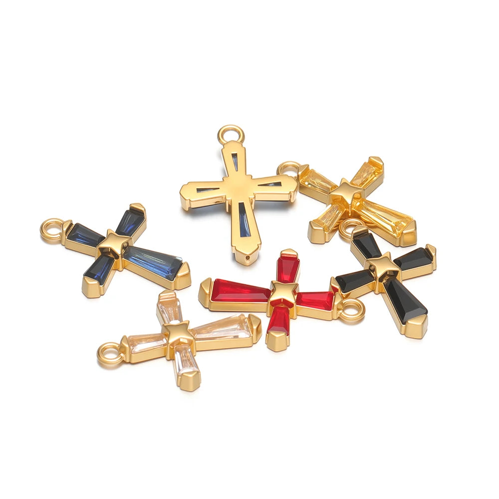 18K Gold Hollow Cross Charm Single-sided Zircon Inlay Geometric Rectangle CZ Pendant Findings Religious Jewelry DIY Necklace