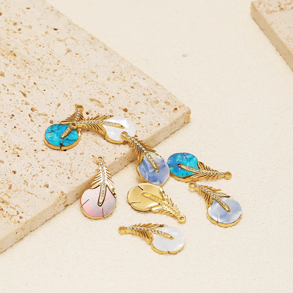 New Trendy Stainless Steel 18k Gold Plated Zircon Leaf Charm Pendant for Jewelry Making Wholesale Jewelry Supplies