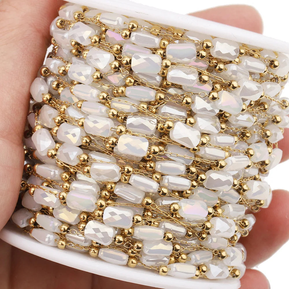 B3344 Non Tarnished Gold Bulk Chain Multi Crystal Beads Chain Ins Stainless Steel Chain for Diy