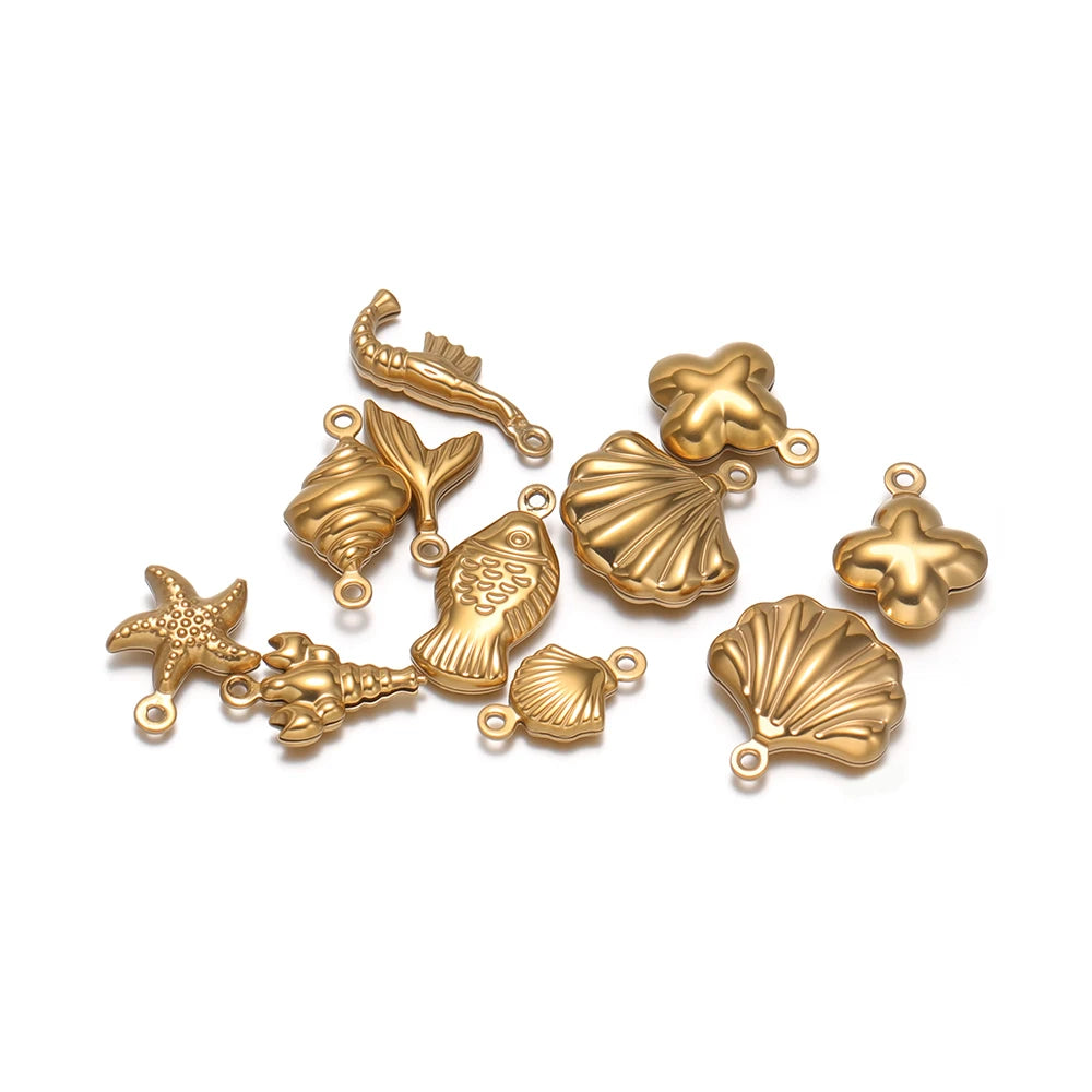 20pcs/bag Stainless Steel 18k Gold Plated Hollow Starfish Lobster Fish Shell Charms Pendant for DIY Jewelry Necklace Making