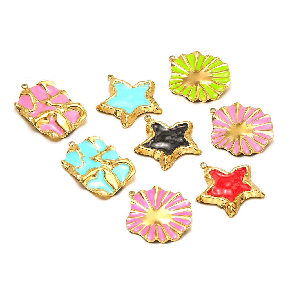Vintage Style Stainless Steel 18k Gold Plated Enamel Star Round Charm Pendant for Jewelry Necklace Making Accessories