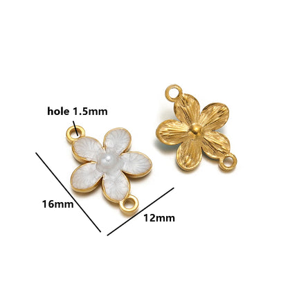 Enamel Flower Charms 18k Gold Plated Stainless Steel Double Hole Flower Pearl Charm Pendant for DIY Jewelry Making Accessories