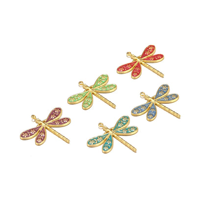 Retro Style Stainless Steel 18k Gold Plated Enamel Dragonfly and Flower Charms Pendant for Jewelry Necklace Making Accessories