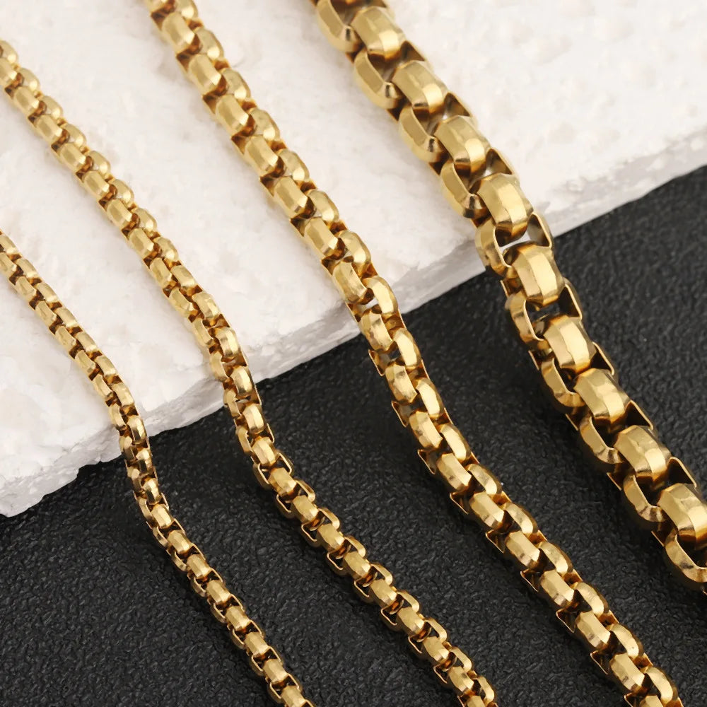 D631 18K Gold Plated 3mm 4mm Square Pearl Hammered Chains Titanium Steel Necklace Box Roller Chains for Jewelry Bags Making