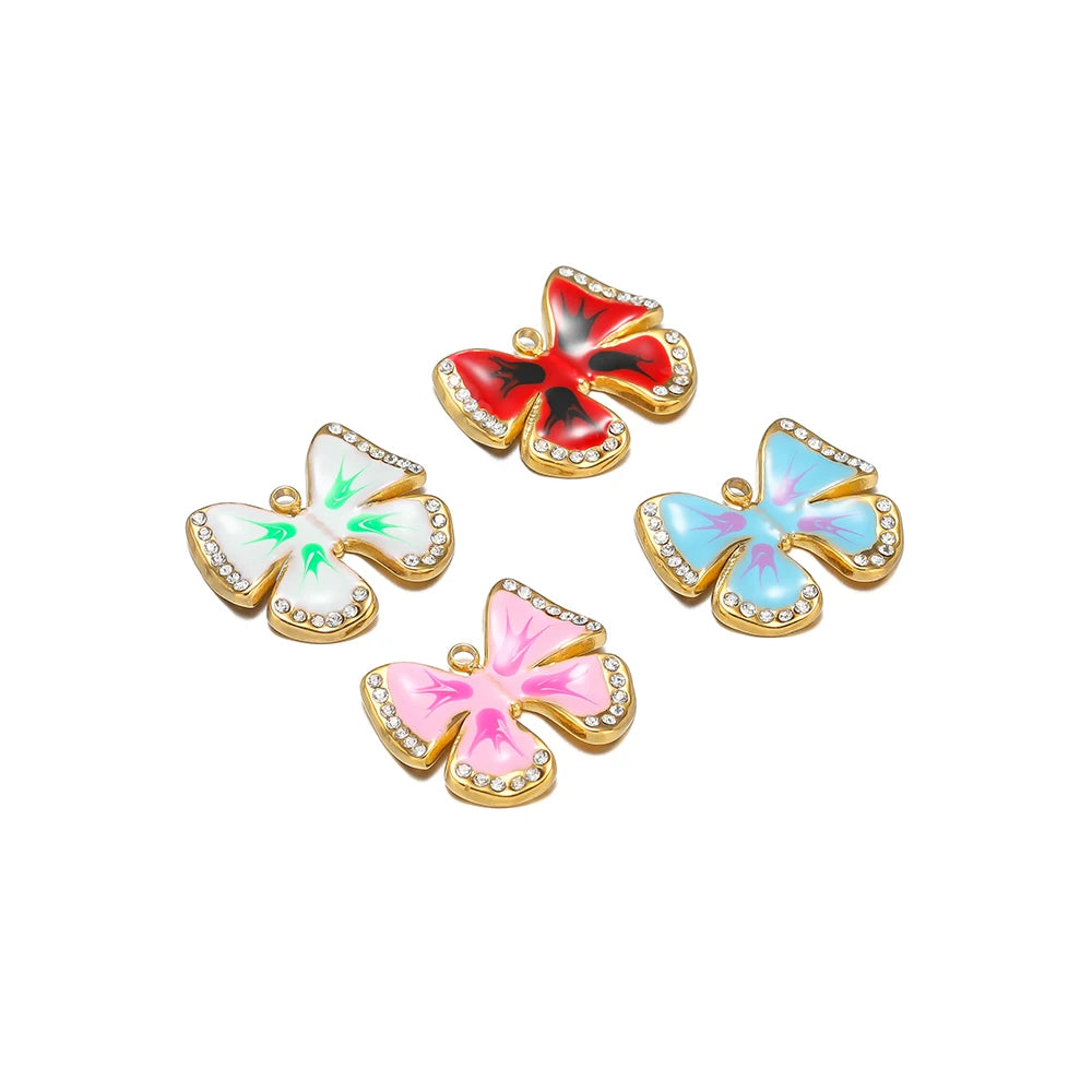 Waterproof Stainless Steel 18k Gold Enamel Crystal Bowknot Charms Pendant for Jewelry Necklace Earring Making Trendy Accessories