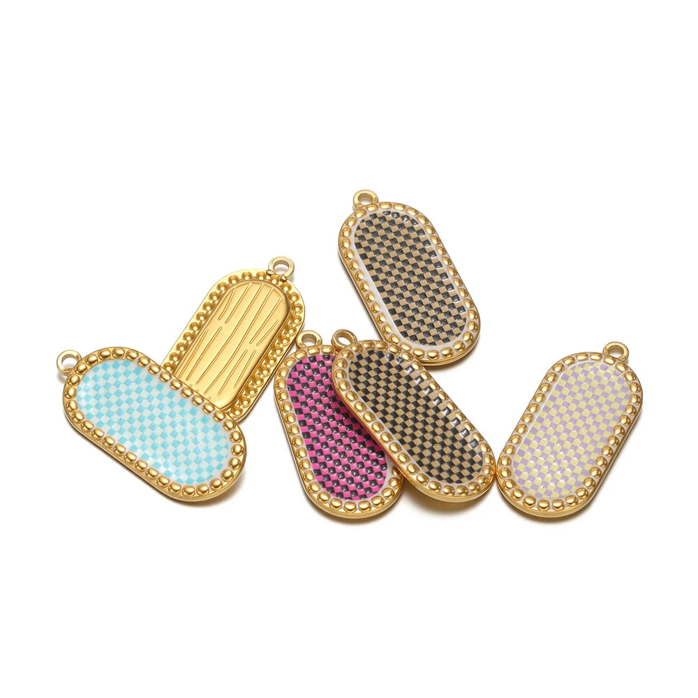 Wholesale Stainless Steel 18k Gold Plated Enamel Oval Gridding Charms Pendant for Diy Jewelry Necklace Making