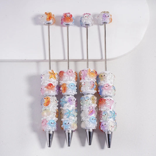 Sea Creature Themed Glitter Beaded Clay Pens Rhinestone Decor Cute Handmade DIY Beading Ballpoint Pen