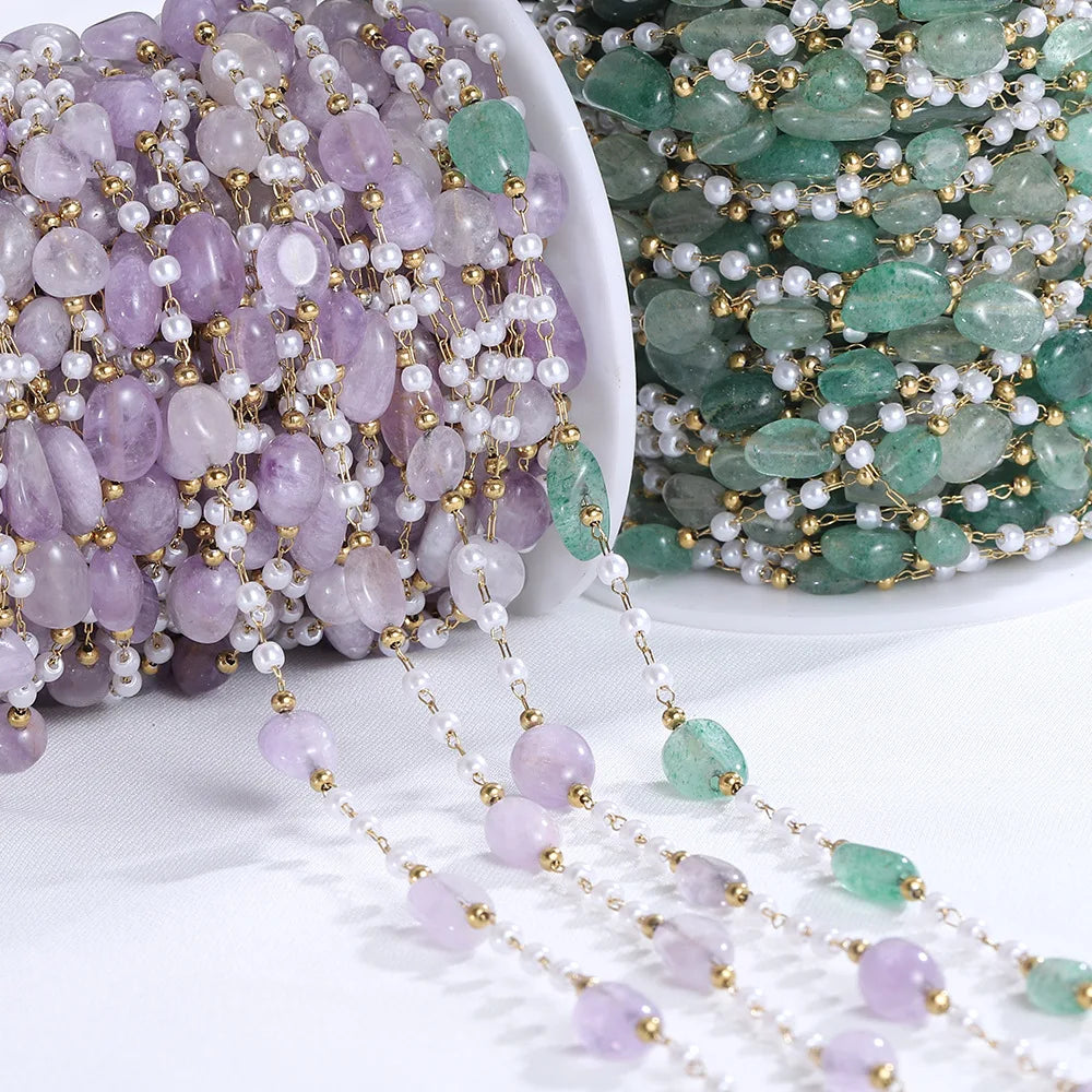 A1864 Good Quality Natural Chip Beads Chain Amethyst Crystal Beads Stainless Steel Chain with Pearl Beaded Diy Jewelry