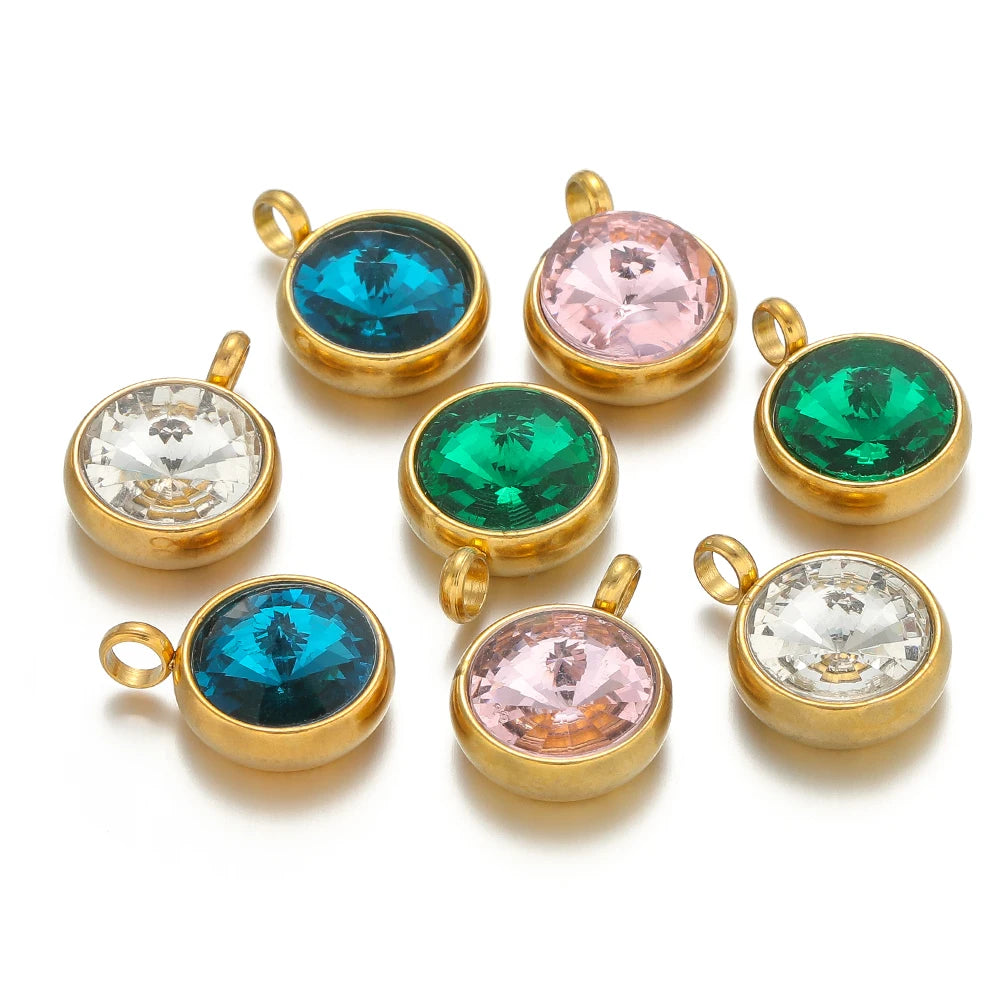 1bag 18K Gold Plated 304 Stainless Steel 10mm Round Crystal Zircon Charm Pendant for Necklace Earrings Making Accessories