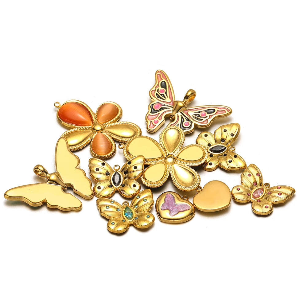 Popular Fashion 18k Gold Plated Stainless Steel Drip-oil Butterfly Flower Heart Charm Pendant for Women Jewelry Making