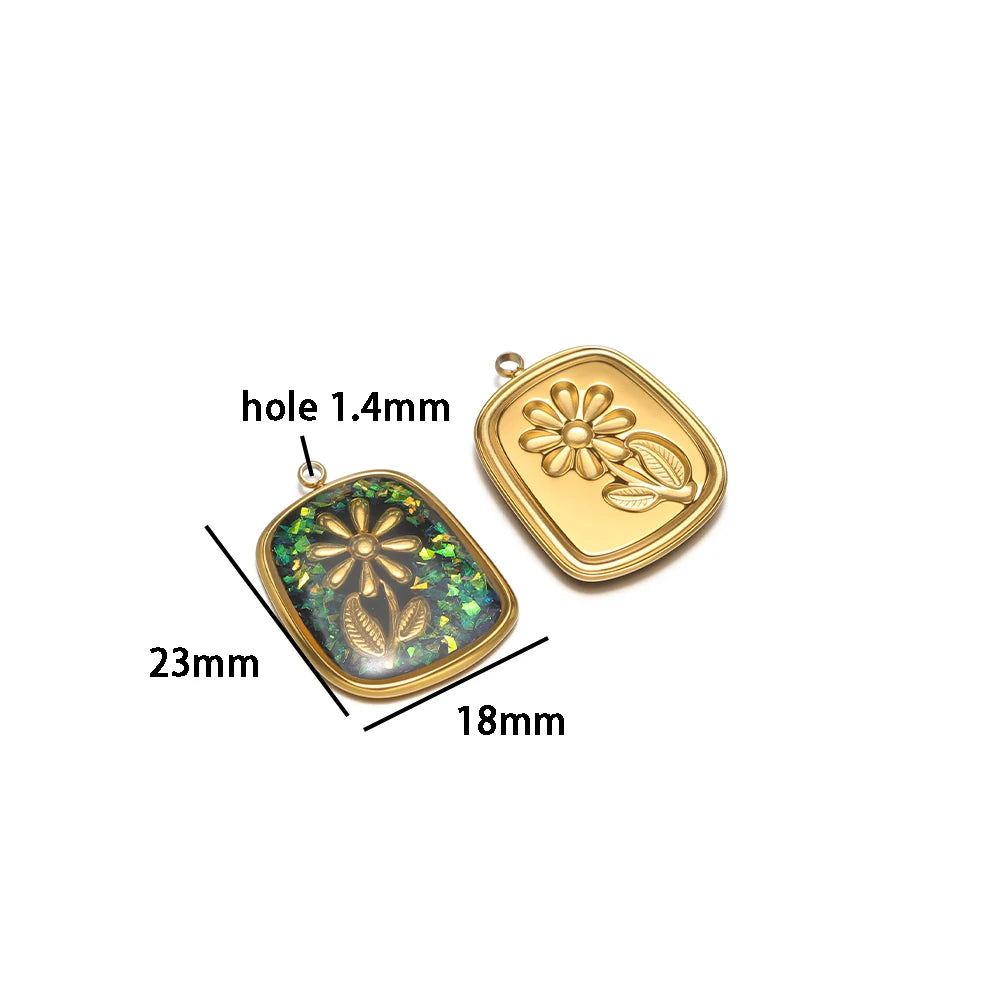 Fashion 18k Gold Plated Stainless Steel Square Enamel Flower Charm Pendant for DIY Necklace & Earring Making Accessories