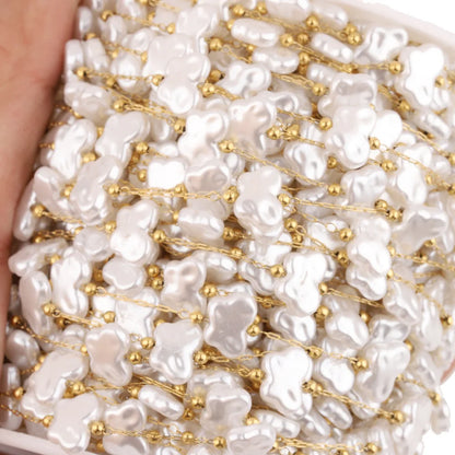 D433 Imitation Pearl Beads Chain Rosary Cross Heart butterfly Link Bulk Roll Stainless Steel Chain for Necklace Bracelet Making