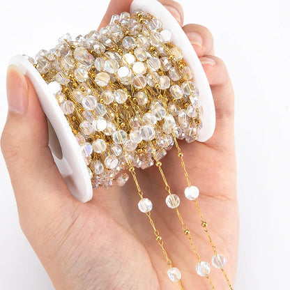 A1860 Hot Selling Crystal clear Beads Chain Beaded Gold Rosary Chain 18k Stainless Steel Jewelry Making Findings