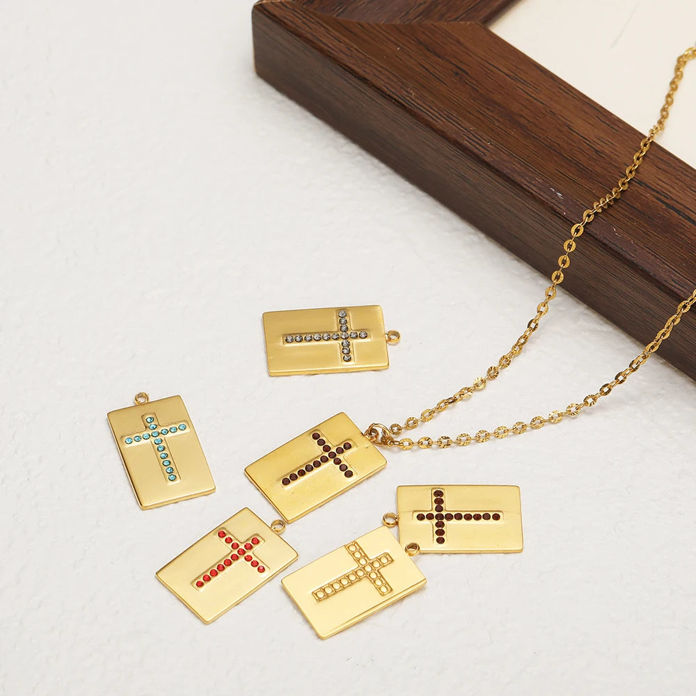 High Quality Stainless Steel 18k Gold Plated Square Cross Zircon Charms Pendant for DIY Jewelry Necklace Making
