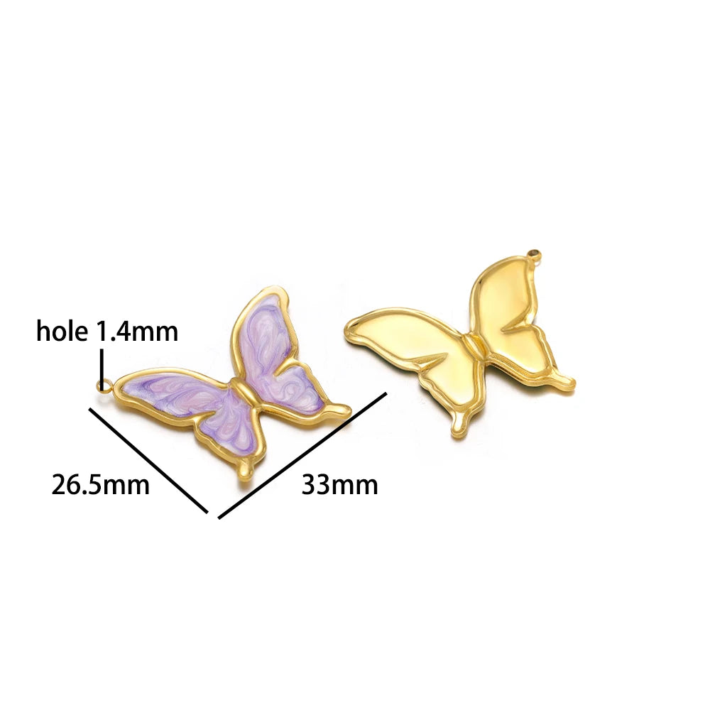 4pcs/bag Stainless Steel 18K Gold Plated Colorful Drop Oil Butterfly Heart Leaf Charm Pendant for Jewelry Necklace Making