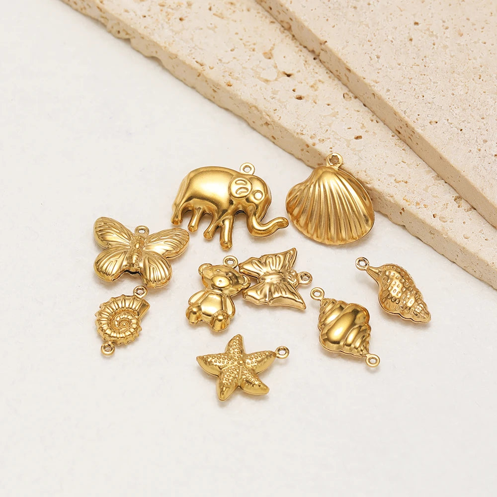 High Quality 18k Gold Plated Stainless Steel Hollow Conch Shell butterfly Starfish Charm Pendant for DIY Necklace Jewelry Making