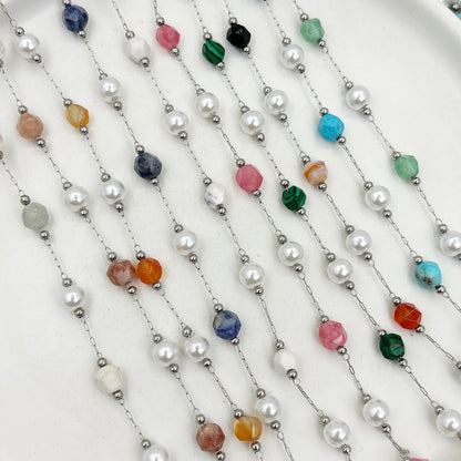 E249 Silver Plated Stainless Steel Permanent Chain Colorful Crystal Jade Stone Chain Pearl Beads Chains for Diy