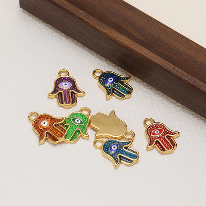 Bohemian Style 18k Gold Plated Stainless Steel Eye Enamel Palm Shaped Charm Pendant for DIY Necklace Jewelry Making