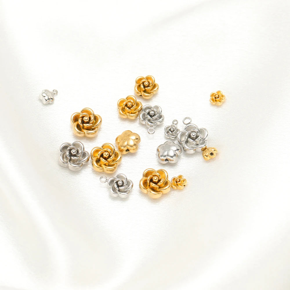 Retro Design 18k Gold Plated Stainless Steel Rose Bead Pendant Flower Charm Pendant for Bracelet Necklace Jewelry Making