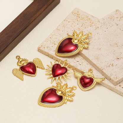 Fashion Design Stainless Steel 18k Gold Plated Red Enamel Heart Charm Pendant for Jewelry Necklace Making Accessories