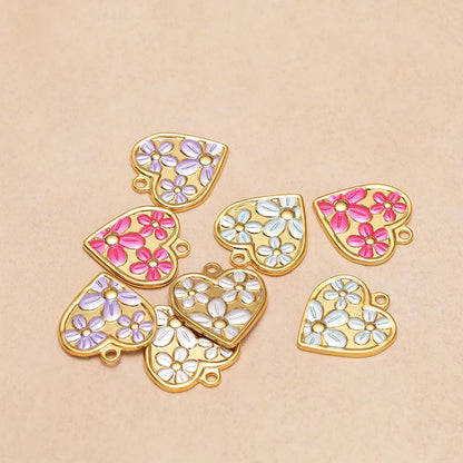Vintage Fashion Stainless Steel 18k Gold Plated Drop Oil Heart Flower Charms Pendant for DIY Jewelry Necklace Making