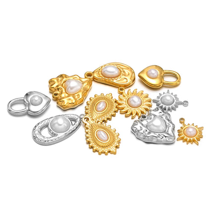 Vintage Style 18k Gold Plated Stainless Steel Heart Sun Lock Oval Pearl Charm Pendant for Women Jewelry Making Accessories
