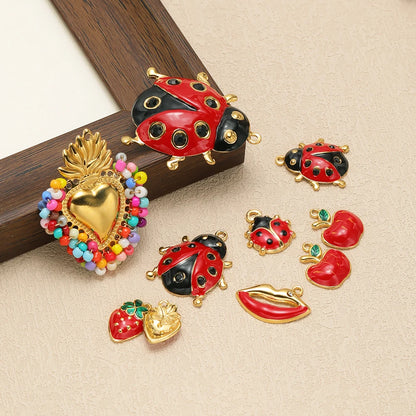 Wholesale 18k Gold Plated Stainless Steel Enamel Ladybird Insect Apple Strawberry Mushroom Charm Pendant for Jewelry Making