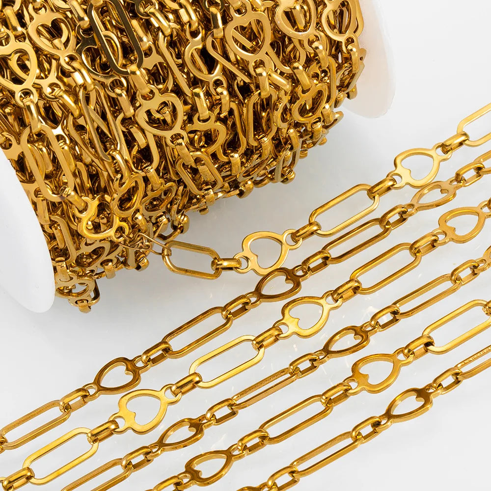 E258 Non Tarnish Gold Silver Chain Waterproof Stainless Steel Chains Paper Clip Heart Chains for Jewelry Custom Diy