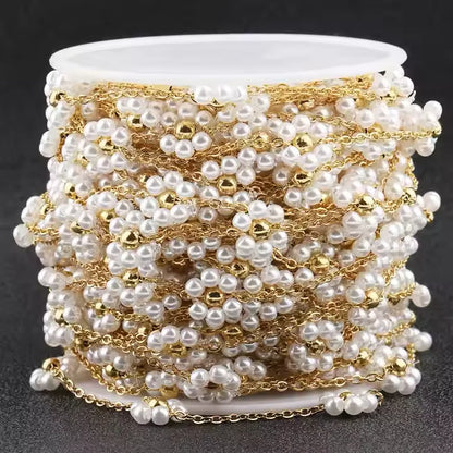 18k Gold Plated Flower Stainless Steel Chain Fresh Water Daisy Pearl Beads Chain for Necklace Bracelet Jewelry