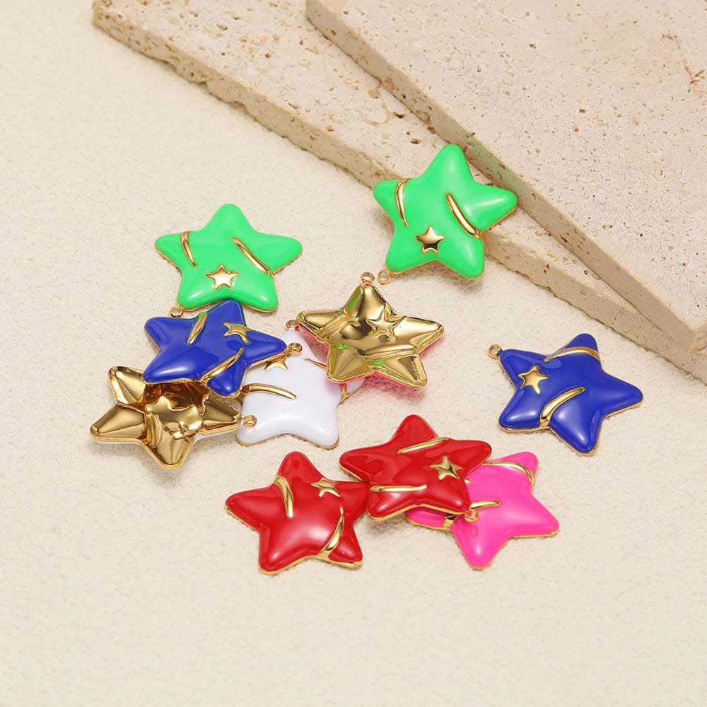 5pcs/bag Stainless Steel 18k Gold Plated Colorful Enamel Five-pointed Star Charm Pendant for DIY Jewelry Necklace Earring Making