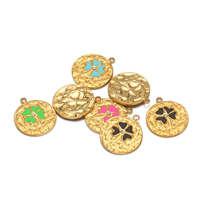 New Product Stainless Steel 18k Gold Plated Enamel Four Leaf Clover Crumpled Round Charm Pendant for Jewelry Necklace Making
