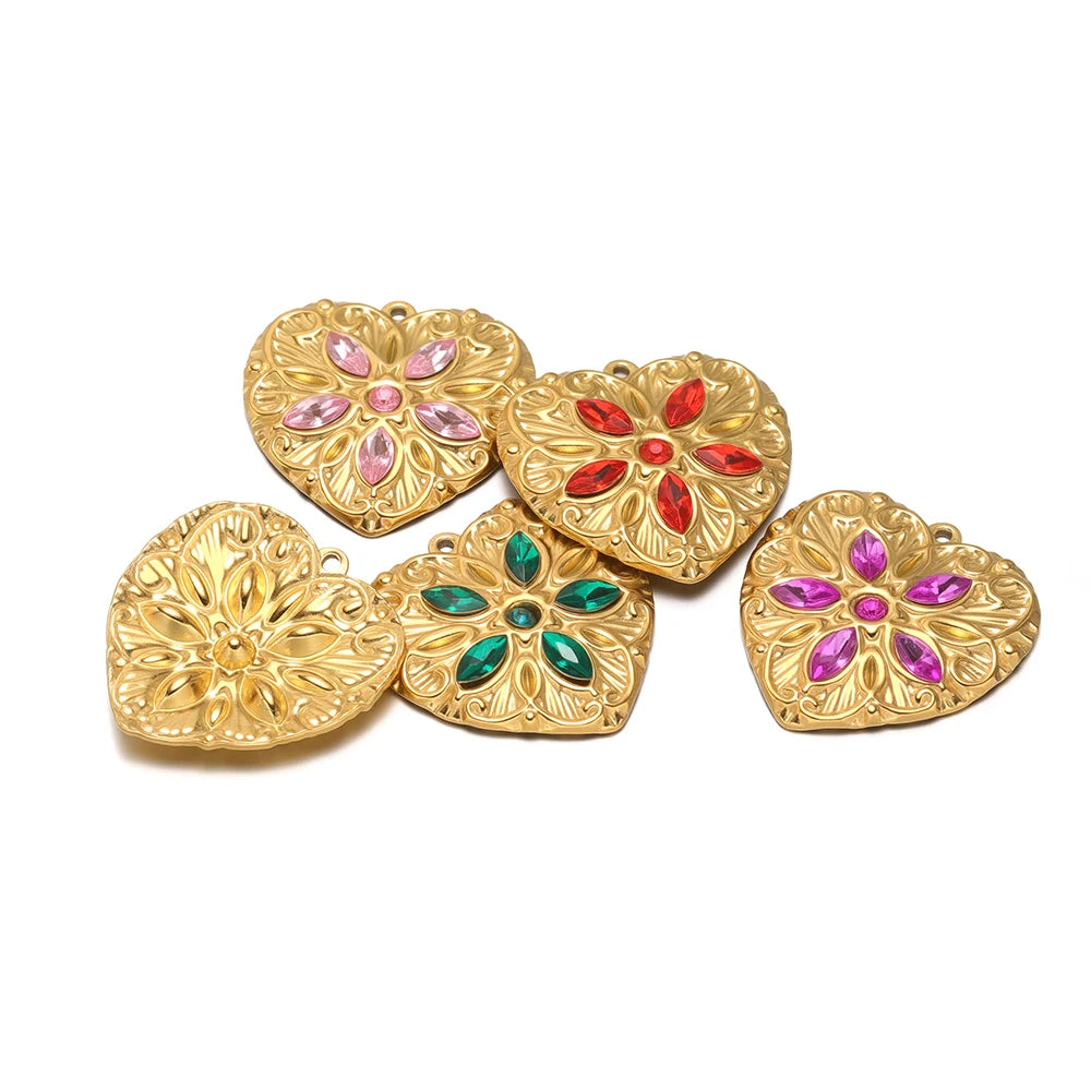 Heart Shaped Charm18k Gold Plated Stainless Steel Five-petaled Flowers Zircon Pendant for DIY Necklace Jewelry Making
