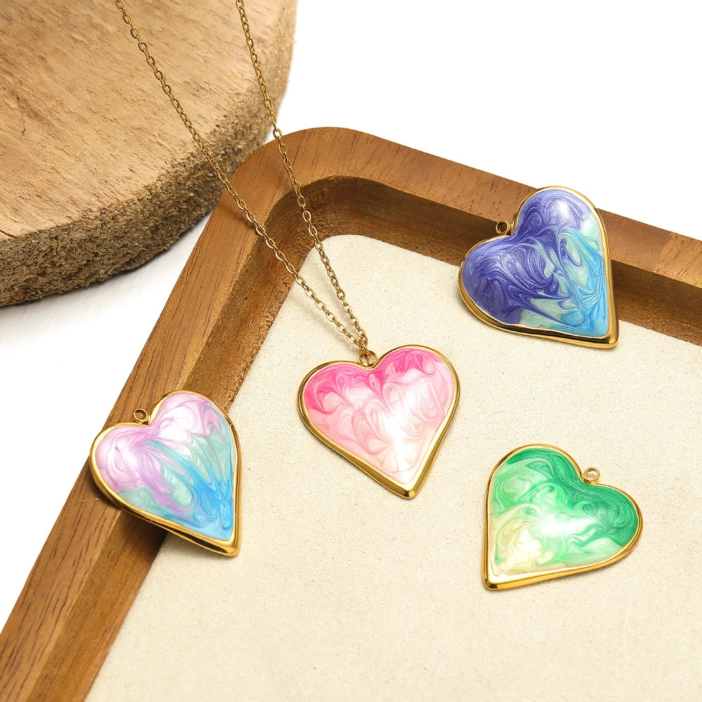 Romantic Dream Color Stainless Steel 18K Gold Plated Drip Oil Gradient Color Heart Charm Pendant for Jewelry Necklace Making