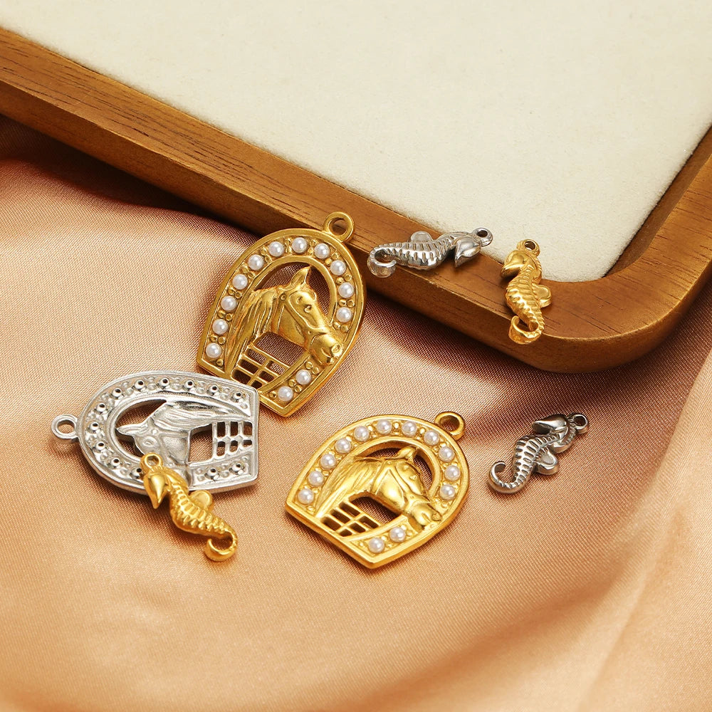 5pcs/bag Gold Plated Stainless Steel Horse Sea Horse Pearl Charm Pendant for DIY Jewelry Necklace Making