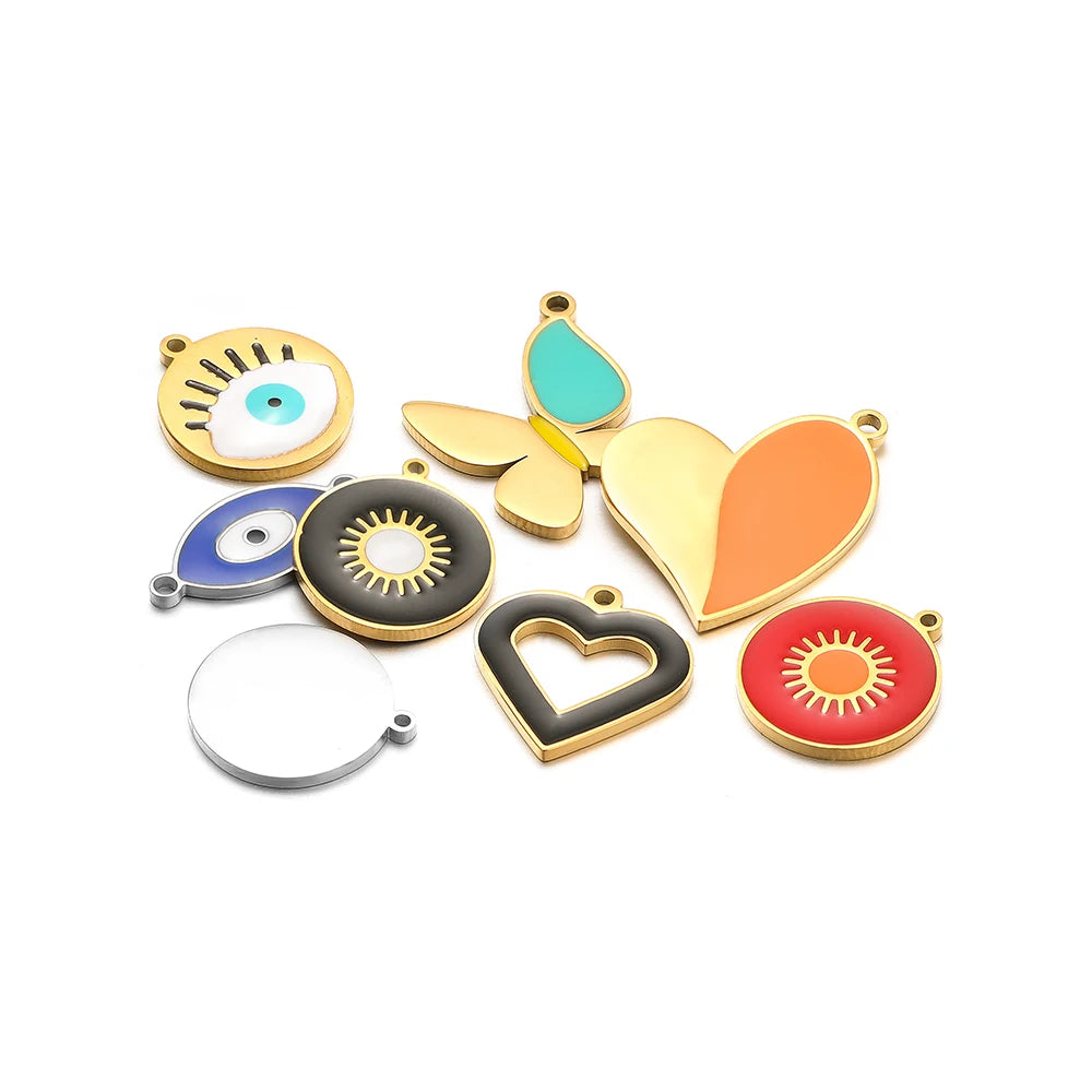 European American Style Stainless Steel Gold Plated Enamel Heart Eye Butterfly Charm Pendant for Jewelry Necklace Making
