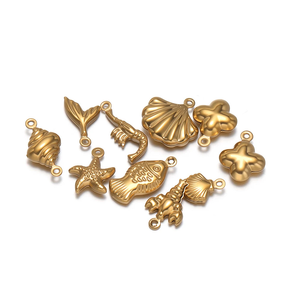 20pcs/bag Stainless Steel 18k Gold Plated Hollow Starfish Lobster Fish Shell Charms Pendant for DIY Jewelry Necklace Making
