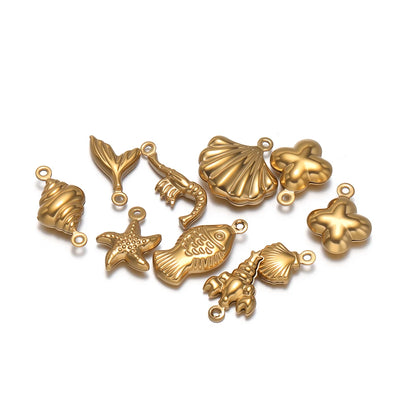 20pcs/bag Stainless Steel 18k Gold Plated Hollow Starfish Lobster Fish Shell Charms Pendant for DIY Jewelry Necklace Making