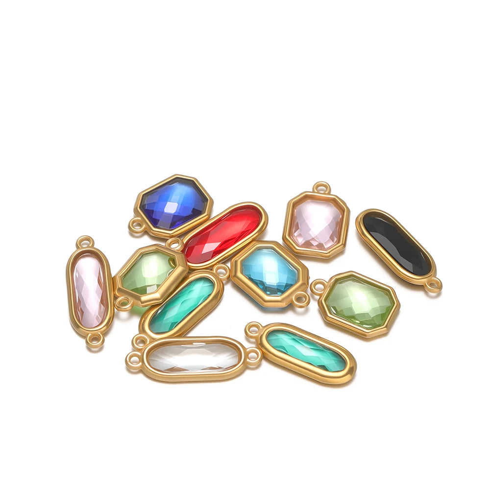New Trend Fashion 18k Gold Plated Stainless Steel Two Hole Geometric Oval Zircon Charm Pendant for DIY Necklace Jewelry Making