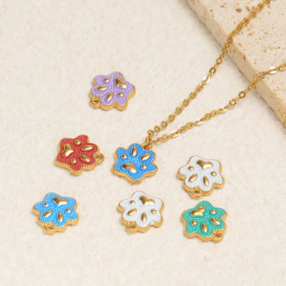 Cute  Pendant 18k Gold Plated Stainless Steel Enamel Paw Print Charm Pendant for DIY Necklace Jewelry Making