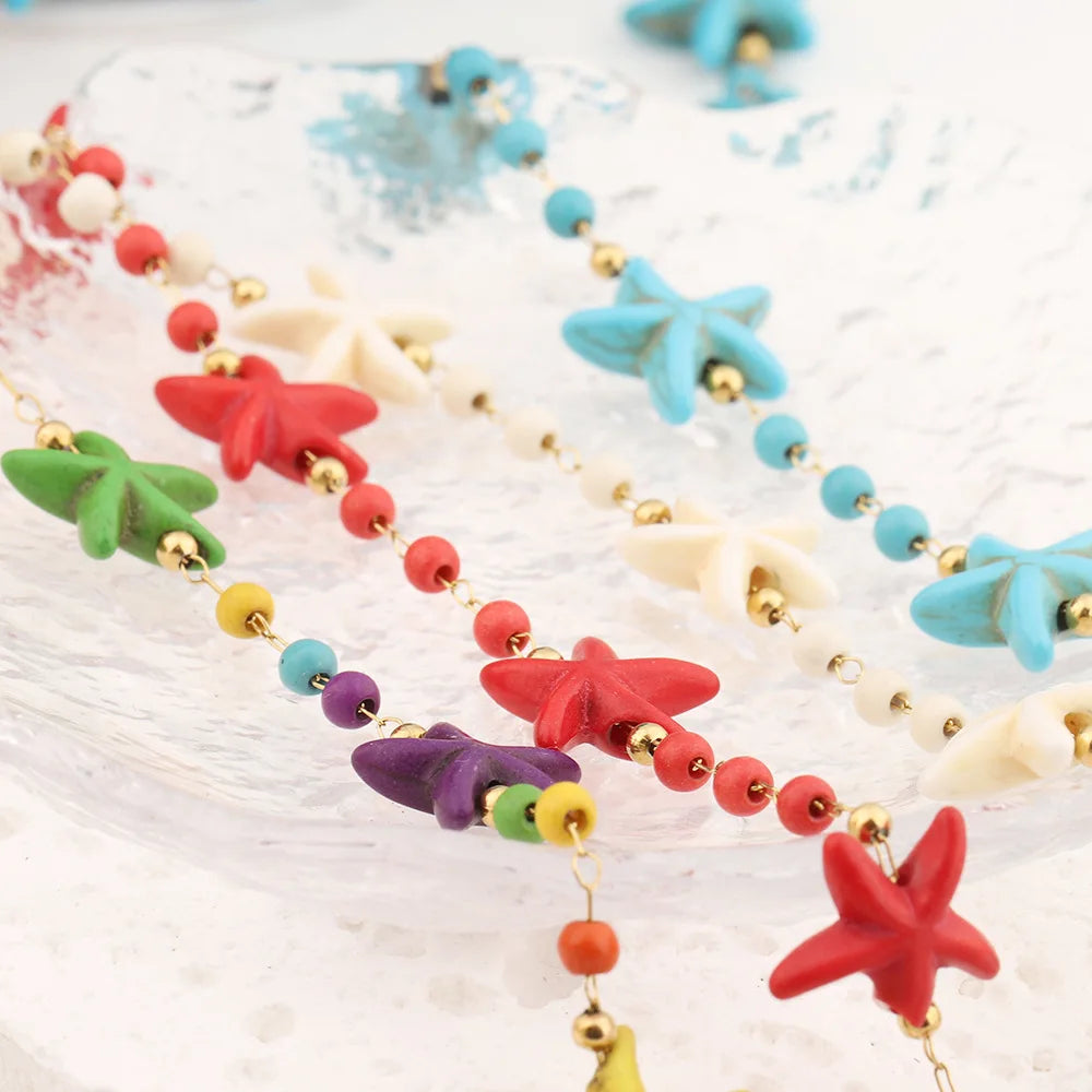 E251 Bohemian Stainless Steel Gold Plated Starfish Beaded Chain for Necklace Bracelet Anklet Waterproof Accessory