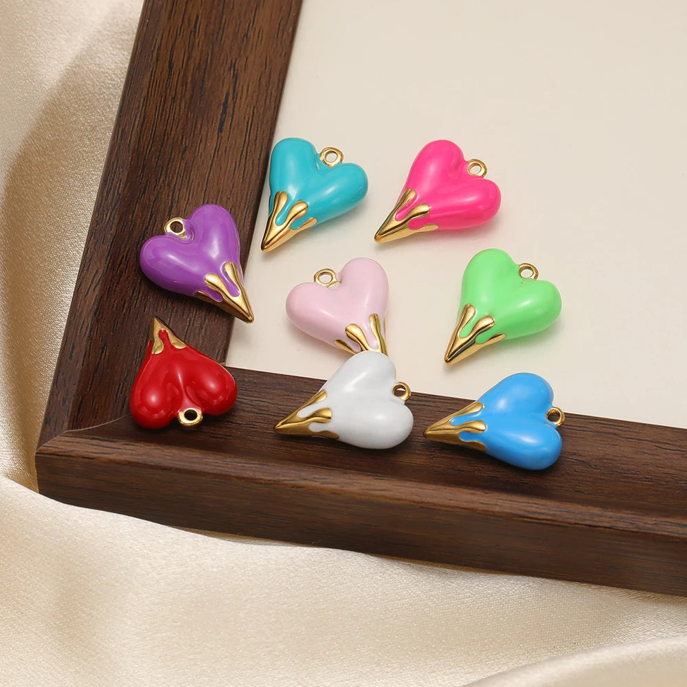 5pcs/bag Stainless Steel 18k Gold Plated Enamel Heart Charm Pendant for Diy Jewelry Necklace Earring Making Bulk