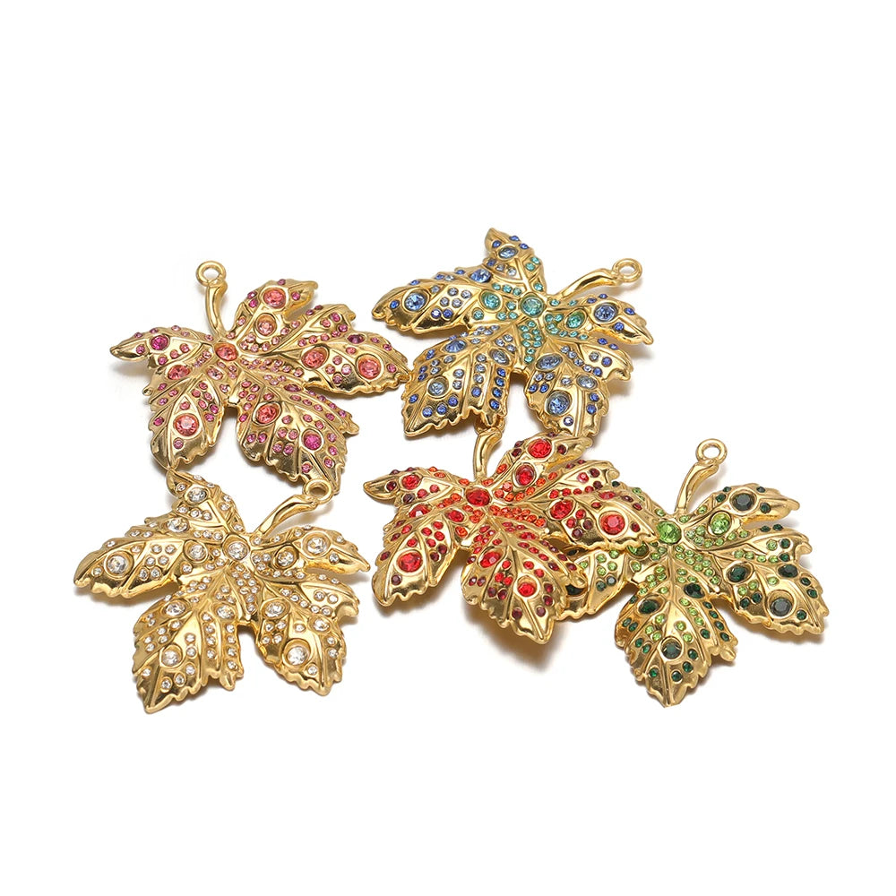 New Luxury Pendant Stainless Steel Gold Plated Maple Leaves Zircon Charm Pendant for Jewelry Making Accessories