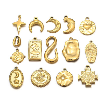 Fashion Pendant 304 Stainless Steel 18k Gold Plated Cross Moon Geometric Charm Pendant for DIY Jewelry Necklace Making