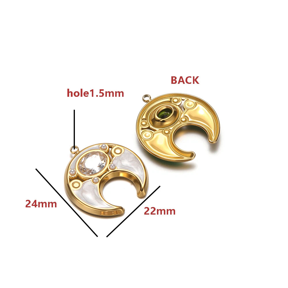 18K Gold Plated 24*22mm Wide Hollow Moon Single-Sided Oil Dripping Point Color Diamond Pearl 1.5mm Single-Hole Light Green